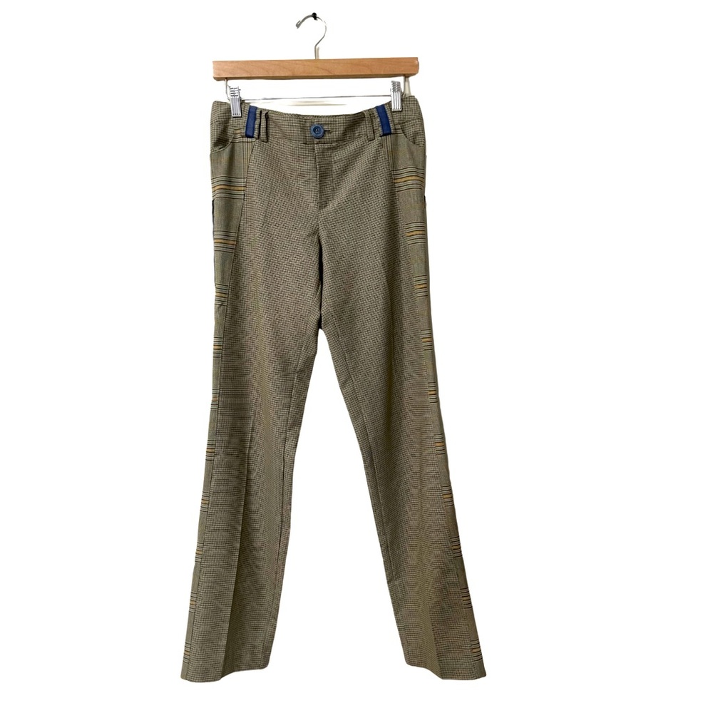 Tark’1 Paris Brown Blue Houndstooth Tailored Denim Trim Dress Pants Size Small